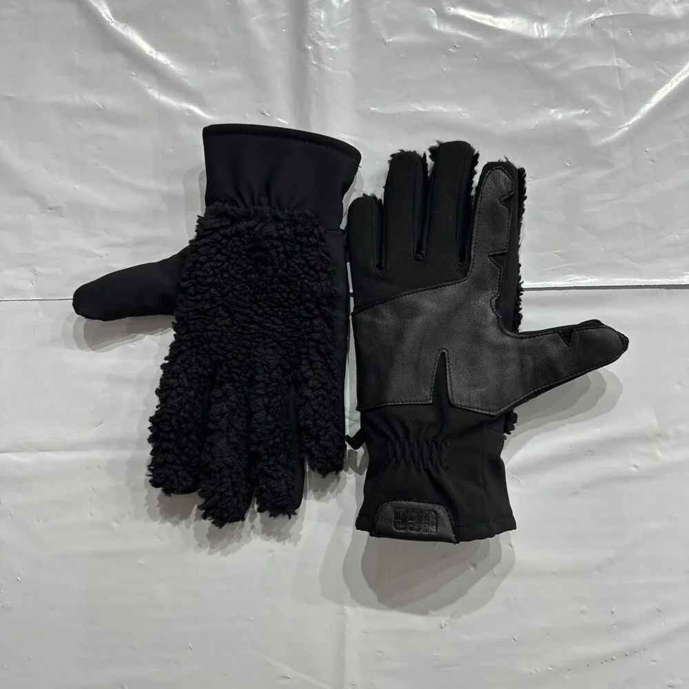 UGG Australia Fleece Fur Gloves Womens Small Black Leather Winter Outdoor CEB765
